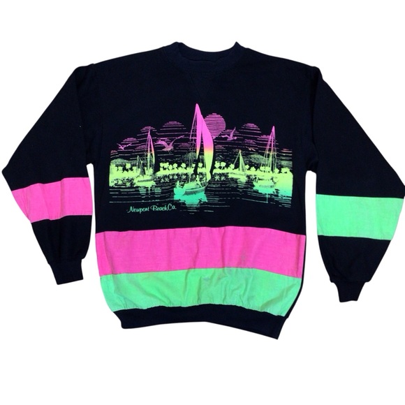 Vintage 80s Diport USA Sweatshirt Womens L Neon Puff Paint Newport Beach Coastal - Picture 2 of 14